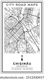 Mapa de arte de linha monocromática de Chisinau capital da Moldávia, ilustração e decoração de casa