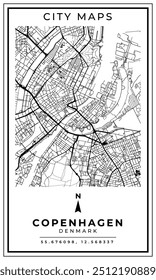 Mapa de arte de linha monocromática da capital de Copenhaga da Dinamarca, ilustração e decoração de casa