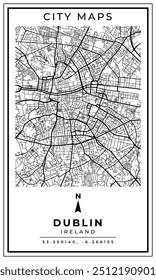 Mapa de arte de linha monocromática de Dublin Capital City of Ireland, ilustração e decoração de casa