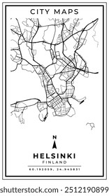 Mapa de arte de linha monocromática da capital de Helsínquia da Finlândia, ilustração e decoração de casa