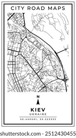 Mapa de arte de linha monocromática de Kiev capital da Ucrânia, ilustração e decoração de casa