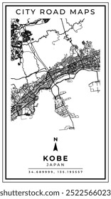 Monochrome Line Art Map of Kobe City of Japan, Illustration and home decoration