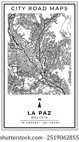 Mapa de arte de linha monocromática da cidade de La Paz da Bolívia, ilustração e decoração de casa