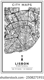 Monochrome Line Art Map of Lisbon City Portugal, Illustration and home decoration