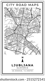 Mapa de arte de linha monocromática de Ljubljana Capital da Eslovênia, Ilustração e decoração de casa