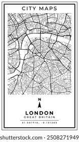 Monochrome Line Art Map of London City Great Britain, Illustration and home decoration