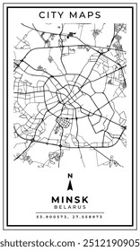 Mapa de arte de linha monocromática da capital de Minsk da Bielorrússia, ilustração e decoração de casa