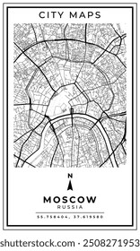 Monochrome Line Art Map of Moscow City Russia, Illustration and home decoration