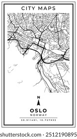 Mapa de arte de linha monocromática da capital de Oslo da Noruega, ilustração e decoração de casa