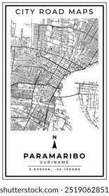 Mapa de arte de línea monocromática de la ciudad de Paramaribo de Surinam, ilustración y decoración del hogar