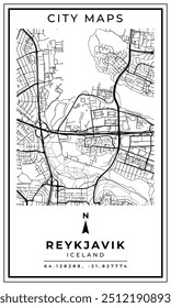 Mapa de arte de linha monocromática de Reykjavik Capital da Islândia, Ilustração e decoração de casa