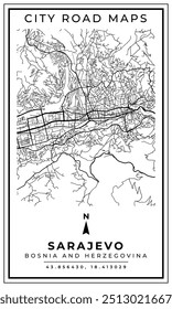 Mapa de arte de linha monocromática de Sarajevo Capital da Bósnia e Herzegovina, Ilustração e decoração de casa