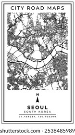 Monochrome Line Art Map of Seoul City South Korea, Illustration and home decoration