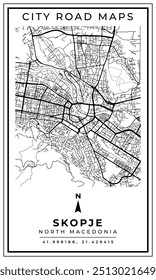 Mapa de arte de linha monocromática da capital de Skopje, Macedônia do Norte, ilustração e decoração de casa