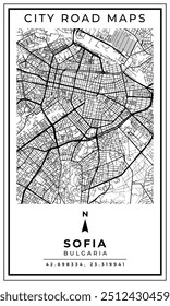 Mapa de arte de linha monocromática da cidade de Sofia Capital da Bulgária, Ilustração e decoração de casa