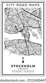 Mapa de arte de linha monocromática da cidade de Estocolmo da Suécia, ilustração e decoração de casa