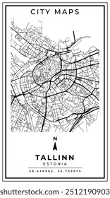 Mapa de arte de linha monocromática de Tallinn Capital da Estônia, Ilustração e decoração de casa