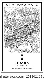 Mapa de arte de linha monocromática da cidade de Tirana Capital da Albânia, ilustração e decoração de casa