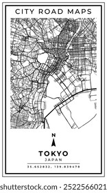 Mapa de arte de linha monocromática da cidade de Tóquio do Japão, ilustração e decoração de casa