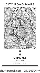 Mapa de Arte em Linha Monocromático da Cidade Capital de Viena da Áustria, Ilustração e decoração de interiores