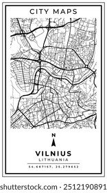 Mapa de arte de linha monocromática de Vilnius Capital da Lituânia, Ilustração e decoração de casa