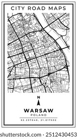 Mapa de arte de linha monocromática da capital de Varsóvia da Polônia, Ilustração e decoração de casa