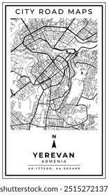 Mapa de arte de linha monocromática de Yerevan capital da Armênia, ilustração e decoração de casa