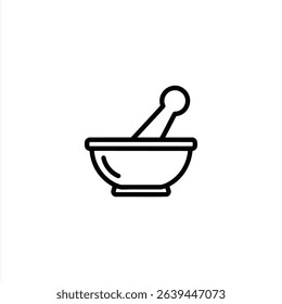 Monochrome line art of a mortar and pestle, used for grinding and crushing substances. Isolated on a white background.