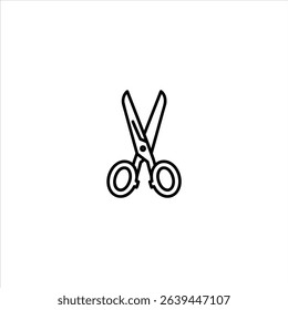 Monochrome line art of open craft scissors with distinct blades and finger loops. Isolated on a white background.