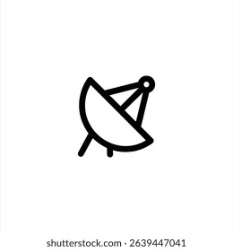Monochrome line art of a parabolic satellite dish antenna for communication or broadcasting signals. Isolated on a white background.