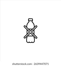 Monochrome line art of a plastic bottle silhouette crossed out, signifying prohibition of single-use plastics. Isolated on a white background.