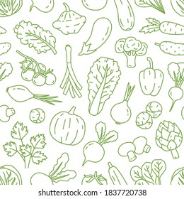 Monochrome Line Art Seamless Pattern With Various Organic Vegetables. Repeatable Background With Healthy Veggies And Salad Greens. Vector Linear Illustration