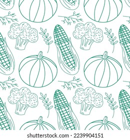 Monochrome line art seamless pattern with various organic vegetables. Repeatable background with healthy veggies. Vector linear illustration EPS