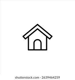 Monochrome line art of a simple dog house with a gabled roof and arched doorway. Centered and isolated on a white background.
