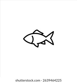 Monochrome line art of a simple fish silhouette in profile with fins and tail. Centered and isolated on a white background.