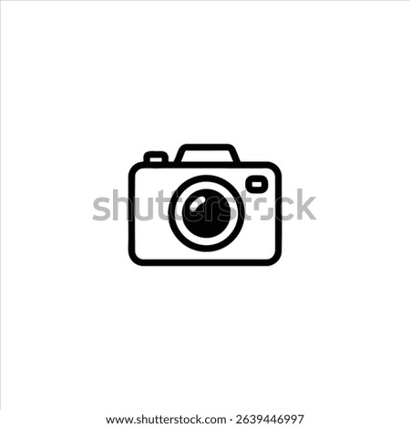 Monochrome line art of a simplified camera with a lens and viewfinder, for photography and art. Isolated on a white background.