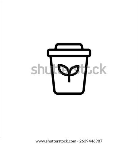 Monochrome line art of a simplified compost bin with a leaf symbol, for organic waste recycling. Isolated on a white background.