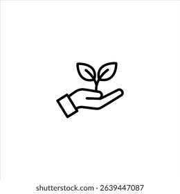 Monochrome line art of a simplified cupped hand silhouette with a small plant sprout emerging, symbolizing care and growth. Isolated on a white background.
