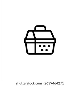 Monochrome line art of a simplified pet carrier with a handle and ventilation holes. Centered and isolated on a white background.