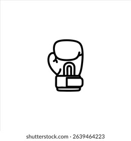Monochrome line art of a single boxing glove with a padded fist area and wrist strap. Centered and isolated on a white background.