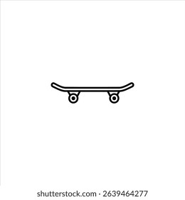 Monochrome line art of a skateboard in side profile with a curved deck, wheel trucks, and wheels. Centered and isolated on a white background.