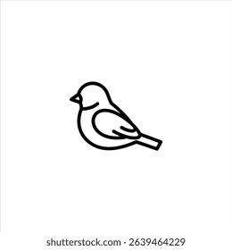 Monochrome line art of a small bird silhouette in profile with beak, wing, and tail. Centered and isolated on a white background.