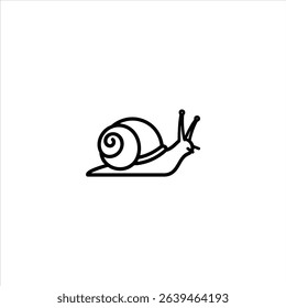 Monochrome line art of a snail silhouette in profile with a spiral shell and elongated body. Centered and isolated on a white background.