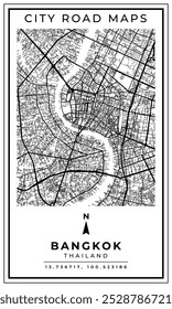 Mapa de rua de arte de linha monocromática da cidade de Bangkok da Tailândia, ilustração e decoração de casa