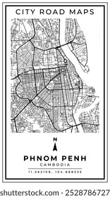 Monochrome Line Art Street Map of Phnom Penh City of Cambodia, Illustration and home decoration