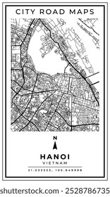 Monochrome Line Art Street Map of Hanoi City of Vietnam, Illustration and home decoration