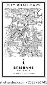 Monochrome Line Art Street Map of Brisbane City of Australia, Illustration and home decoration