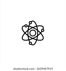 Monochrome line art of a stylized atom symbol, representing a nucleus with orbiting electrons, a fundamental concept in science. Isolated on white background.