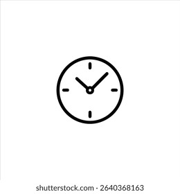 A monochrome line art symbol of a classic analog clock face with hour and minute hands, and minimal markers for the main hours. Isolated on a white background.
