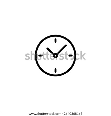 A monochrome line art symbol of a classic analog clock face with hour and minute hands, and minimal markers for the main hours. Isolated on a white background.
